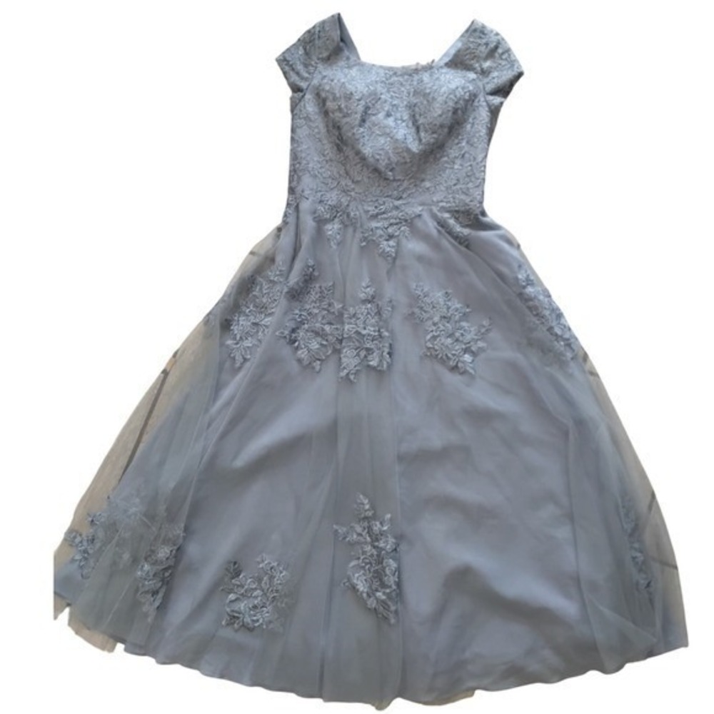 Lace Floral Embroidery Tulle Midi Dress Light Blue Cap Sleeve Formal Gown